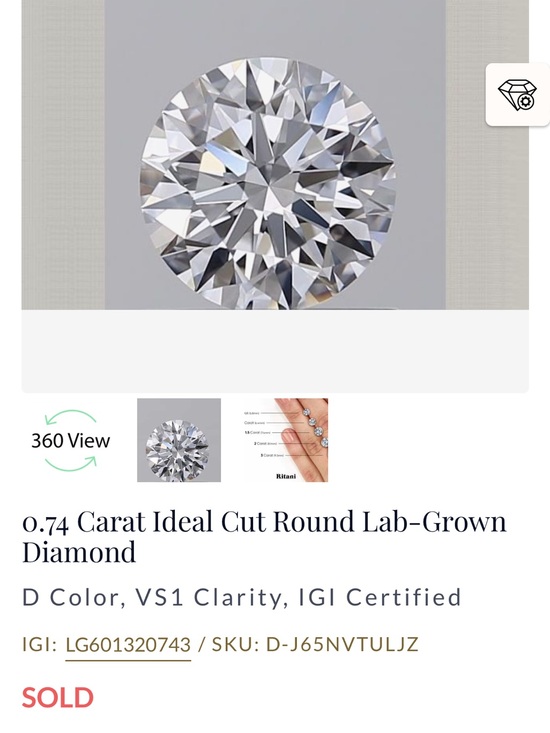 Ritani Jewelry - 0.74 Carat Ideal Cut Round Lab-Grown Diamond
